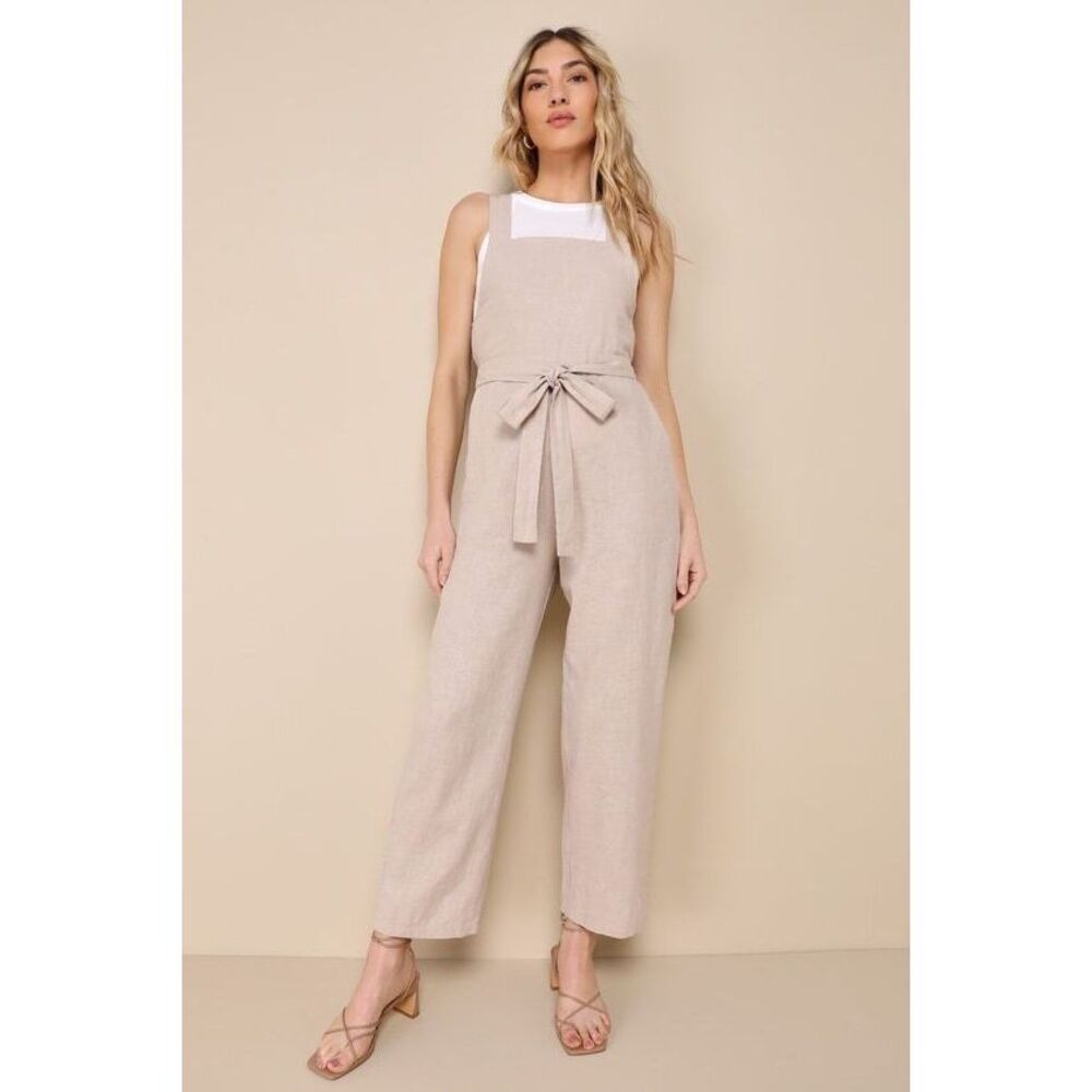 Lulus Easygoing Summer Beige Linen Straight Leg Jumpsuit - Size Large